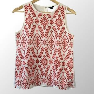 Ann Taylor Petite XSP Sleeveless Top White with Red Embroidery